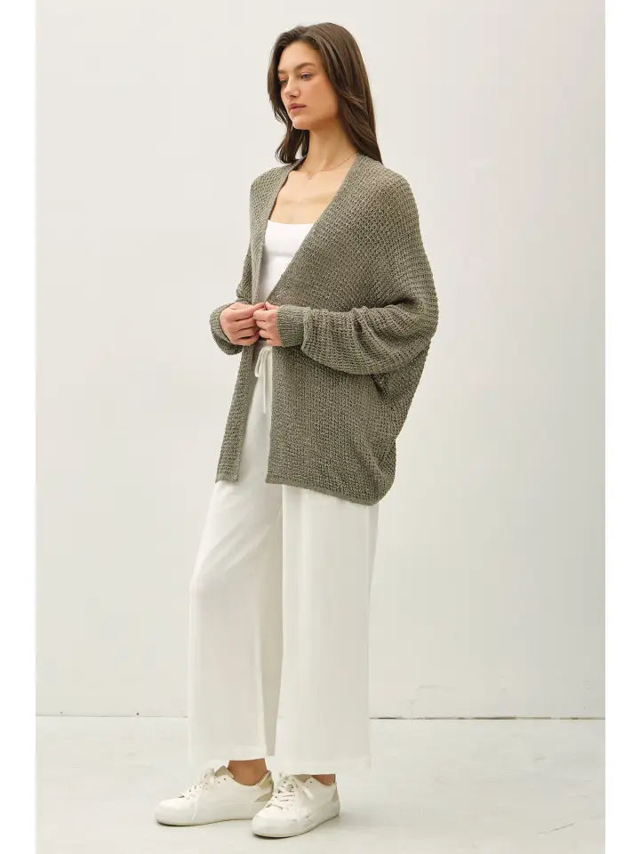Open Front Long Sleeve Breezy Yarn Knit Cardigan In Kale