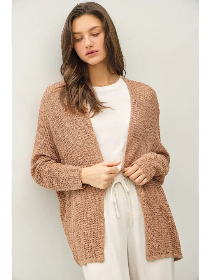 Open Front Long Sleeve Breezy Yarn Knit Cardigan In Latte