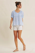 DELICATE RUFFLE AIRY COTTON BLOUSE | IRISH BLUE - The Cozy Nest