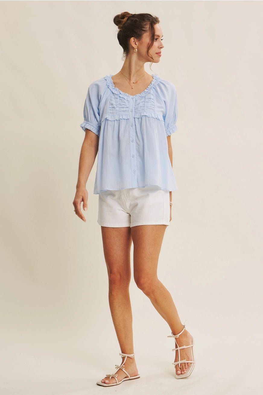 DELICATE RUFFLE AIRY COTTON BLOUSE | IRISH BLUE - The Cozy Nest