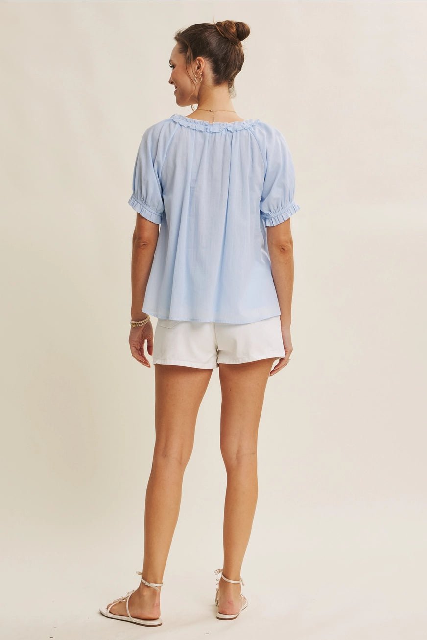 DELICATE RUFFLE AIRY COTTON BLOUSE | IRISH BLUE - The Cozy Nest
