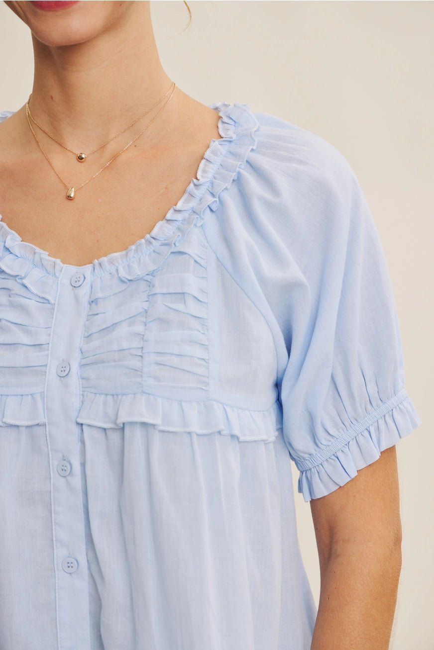 DELICATE RUFFLE AIRY COTTON BLOUSE | IRISH BLUE - The Cozy Nest
