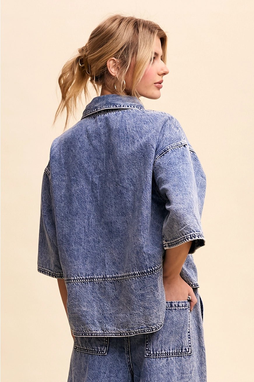 Denim Collared Oversized Top - The Cozy Nest