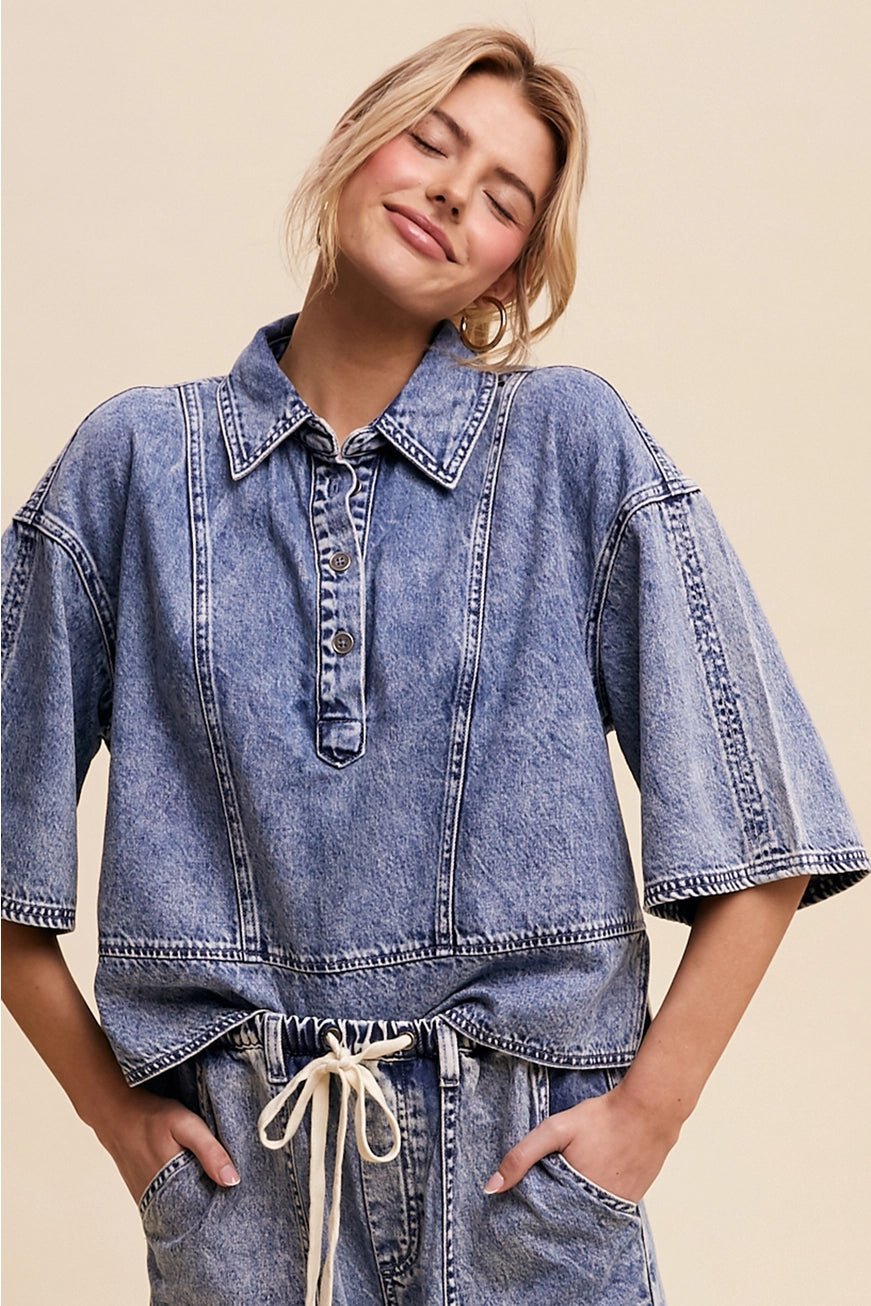 Denim Collared Oversized Top - The Cozy Nest
