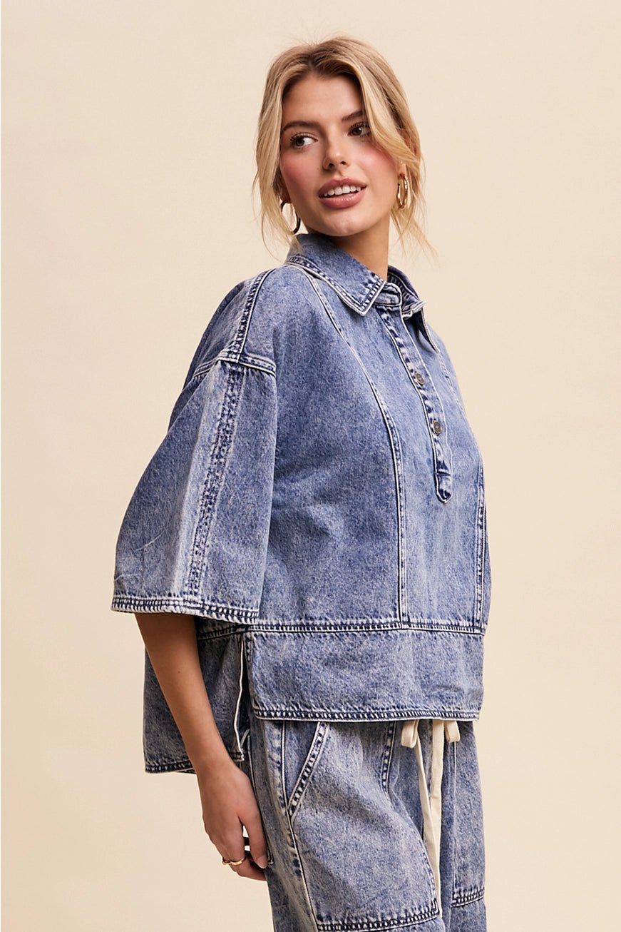 Denim Collared Oversized Top - The Cozy Nest