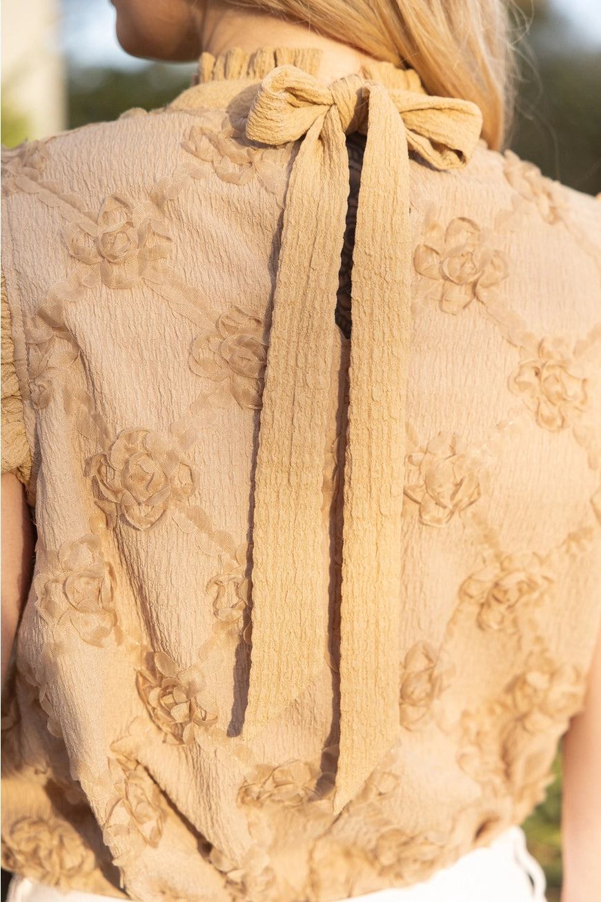 High Ruffled Neck Floral Lace Accent Top