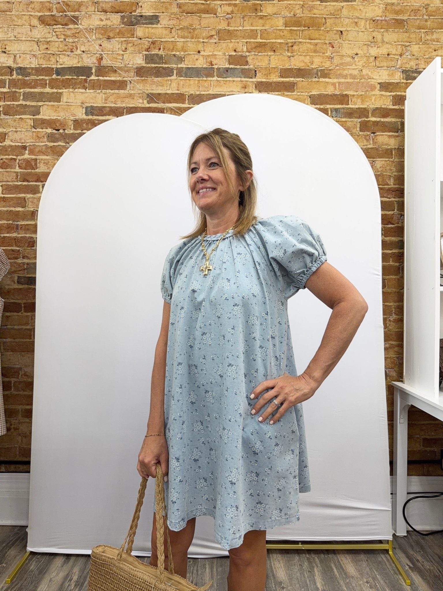 FLORAL PRINT CHAMBRAY BRAID NECK DETAIL MINI DRESS - The Cozy Nest