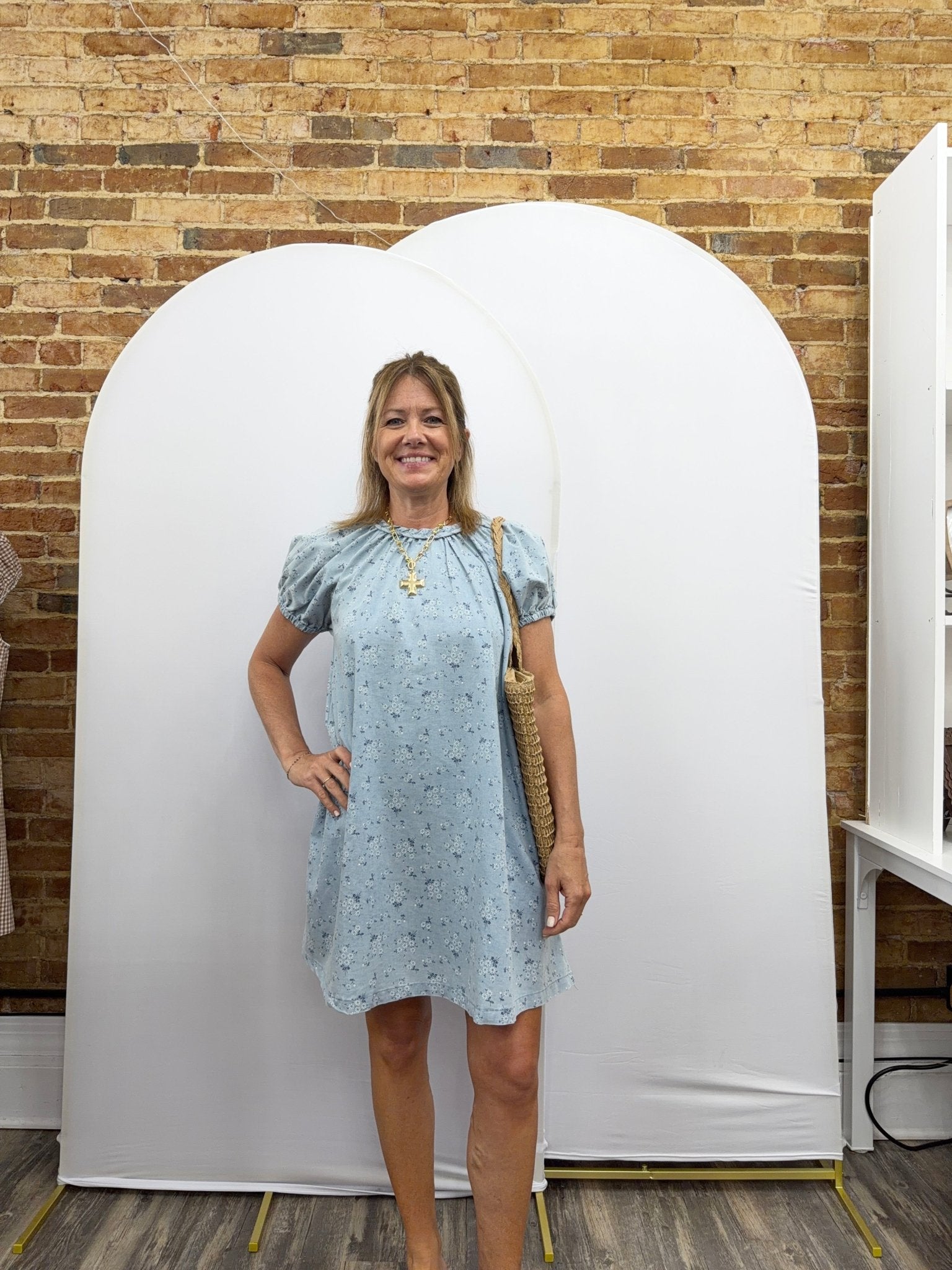 FLORAL PRINT CHAMBRAY BRAID NECK DETAIL MINI DRESS - The Cozy Nest