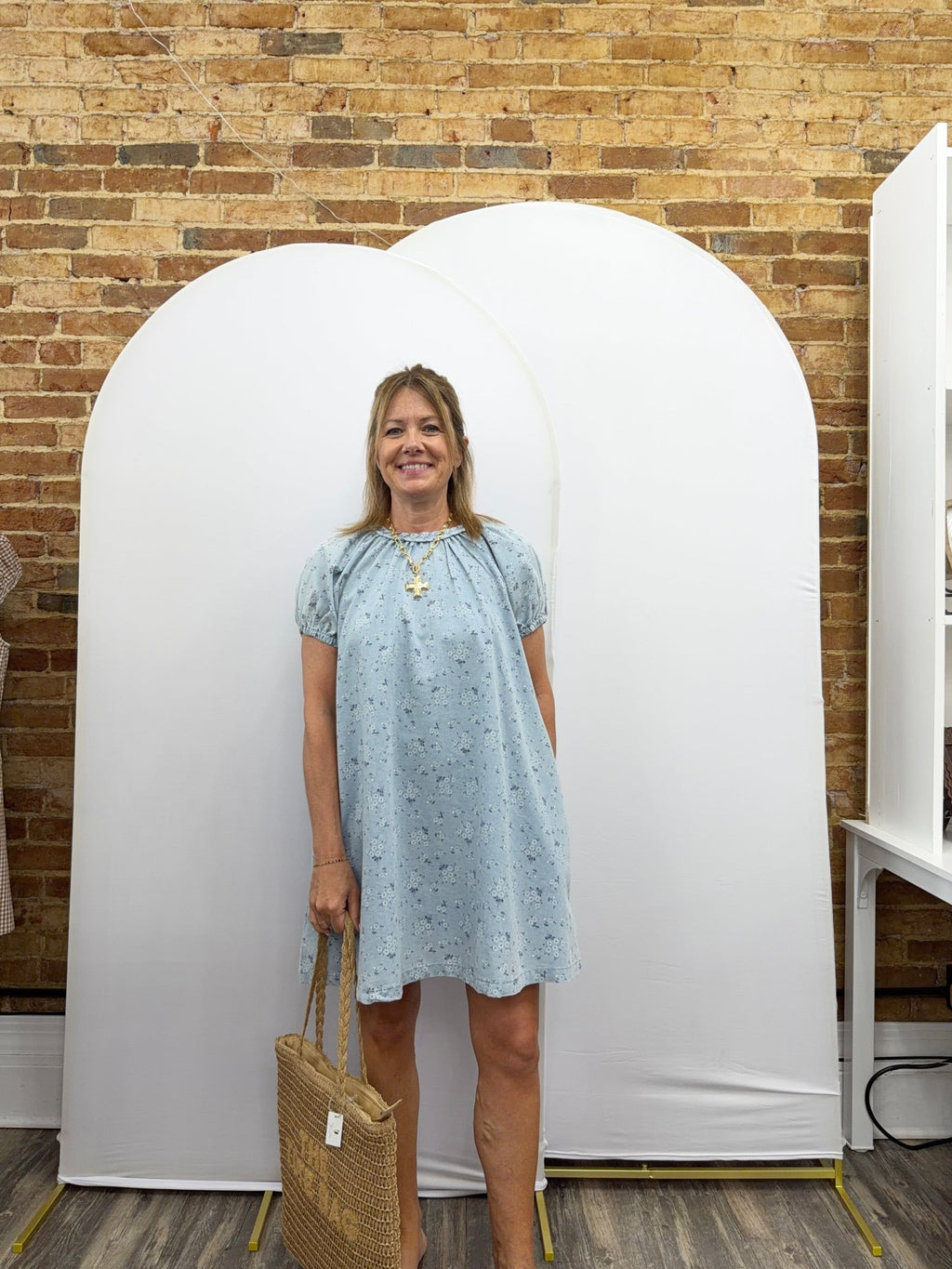 FLORAL PRINT CHAMBRAY BRAID NECK DETAIL MINI DRESS - The Cozy Nest