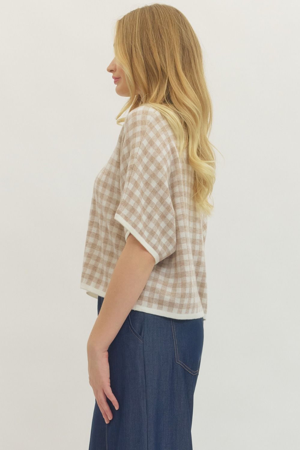 Gingham Short Sleeve Sweater - The Cozy Nest