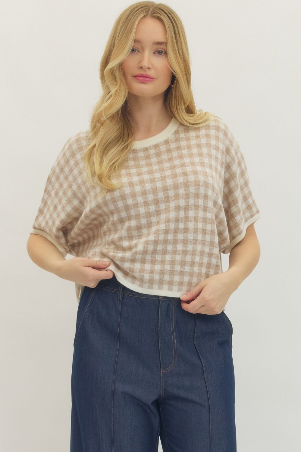 Gingham Short Sleeve Sweater - The Cozy Nest