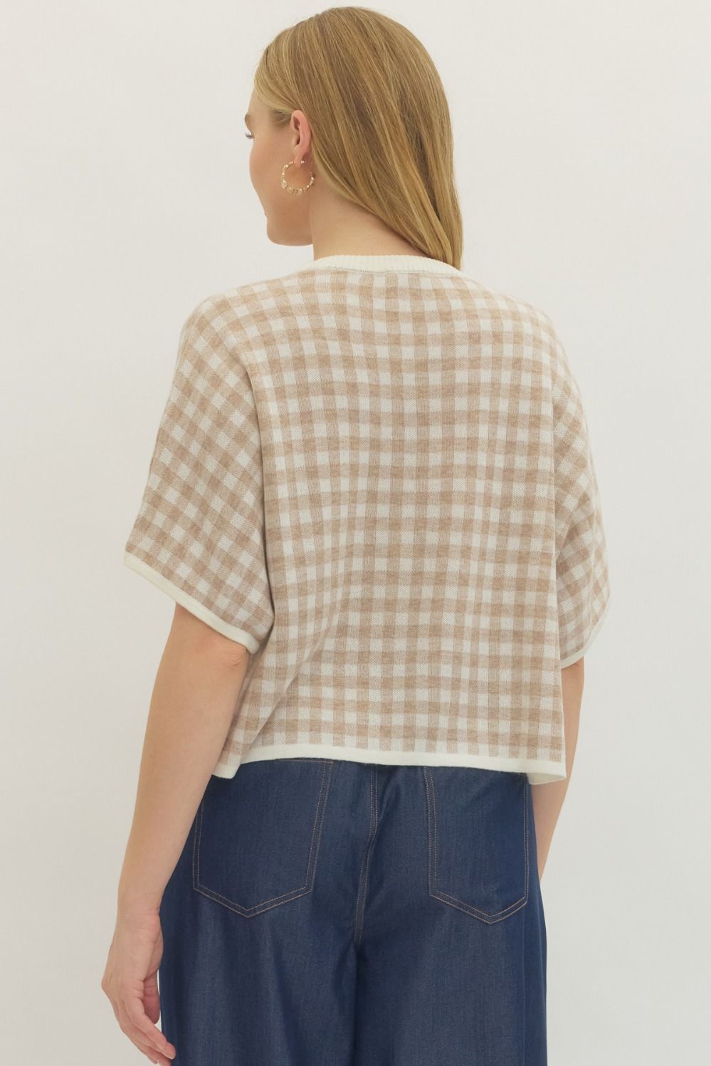 Gingham Short Sleeve Sweater - The Cozy Nest