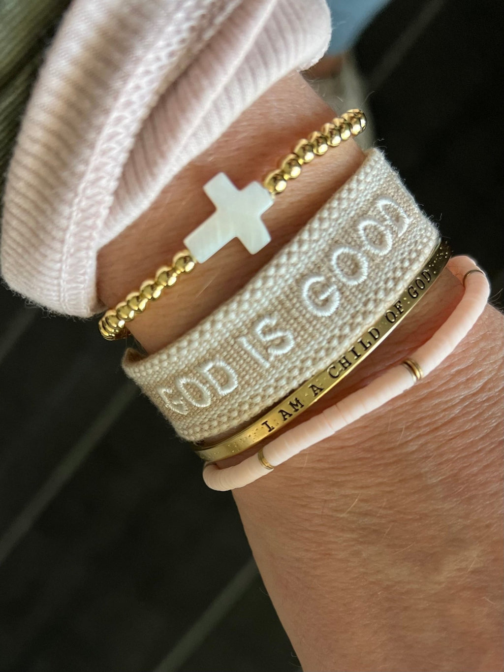 Gold Beaded Bracelet W/Pearl Cross - The Cozy Nest