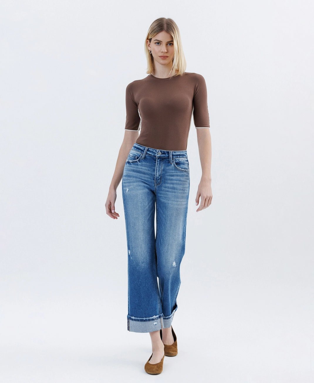 High Rise Medium Dark Wash Cuffed Slim Wide Jeans - The Cozy Nest