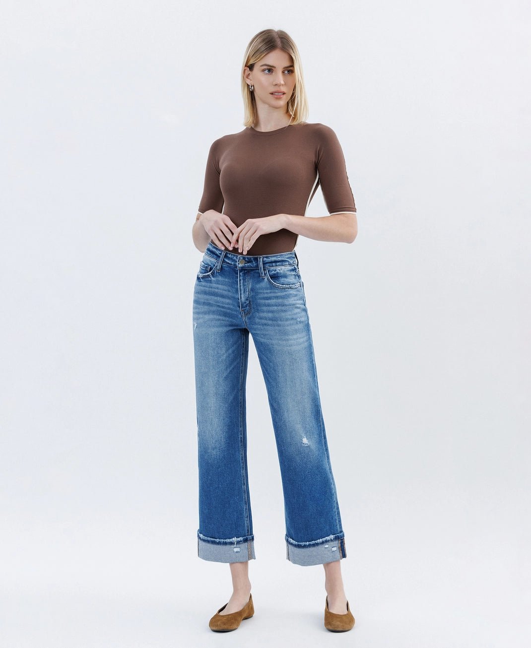 High Rise Medium Dark Wash Cuffed Slim Wide Jeans - The Cozy Nest