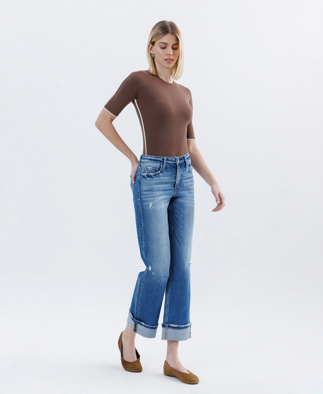 High Rise Medium Dark Wash Cuffed Slim Wide Jeans - The Cozy Nest