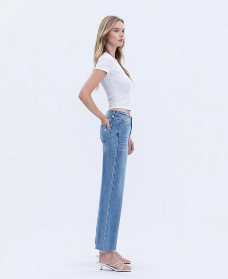 High Rise Raw Hem Slim Wide Jeans - The Cozy Nest