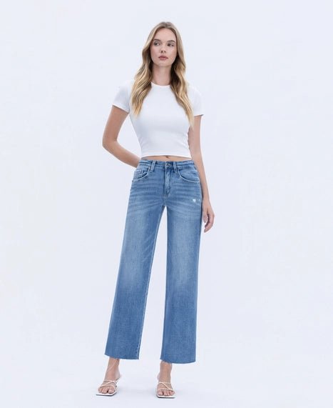 High Rise Raw Hem Slim Wide Jeans - The Cozy Nest