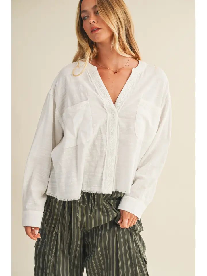 Lace - Trimmed Top with Raw - Cut Edge Detail - The Cozy Nest
