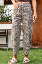 Leopard Drawstring Waist Pocketed Wide Leg Jeans - The Cozy Nest
