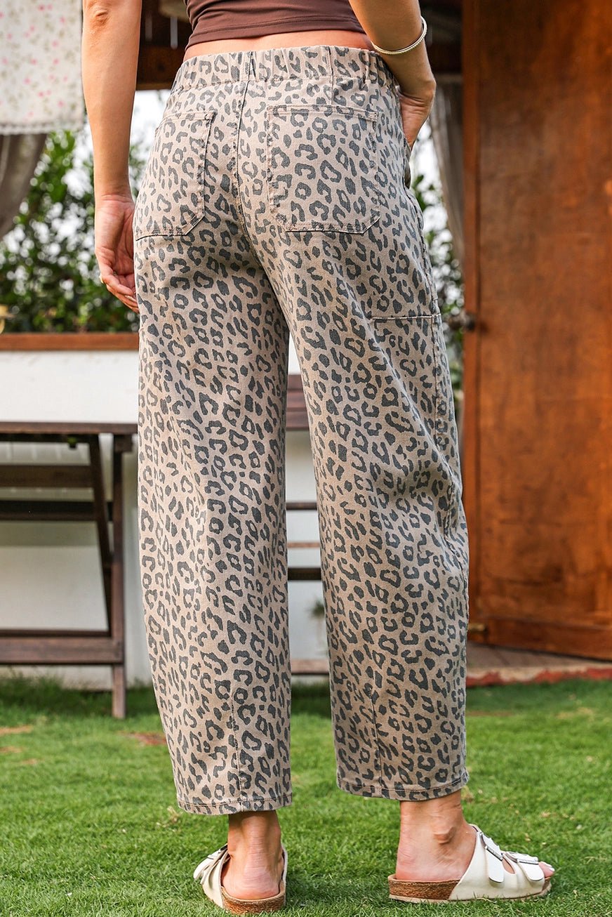 Leopard Drawstring Waist Pocketed Wide Leg Jeans - The Cozy Nest