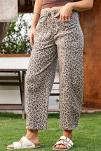 Leopard Drawstring Waist Pocketed Wide Leg Jeans - The Cozy Nest