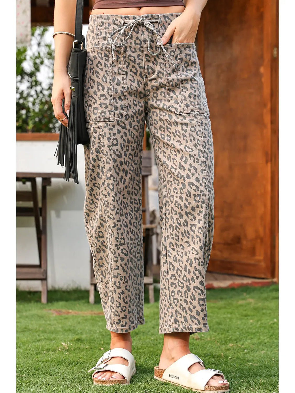Leopard Drawstring Waist Pocketed Wide Leg Jeans - The Cozy Nest