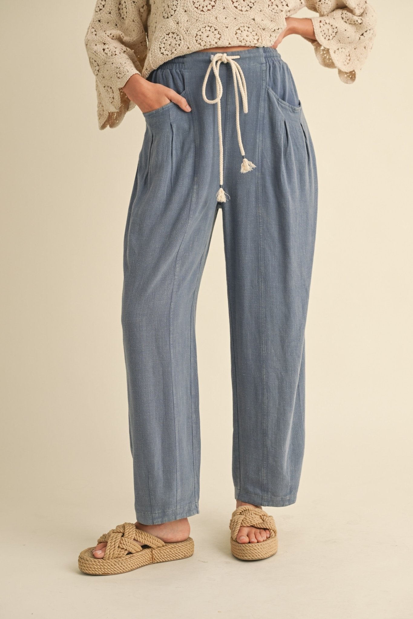 Linen Blend Barrel - leg Loose Pants With Drawstring - The Cozy Nest