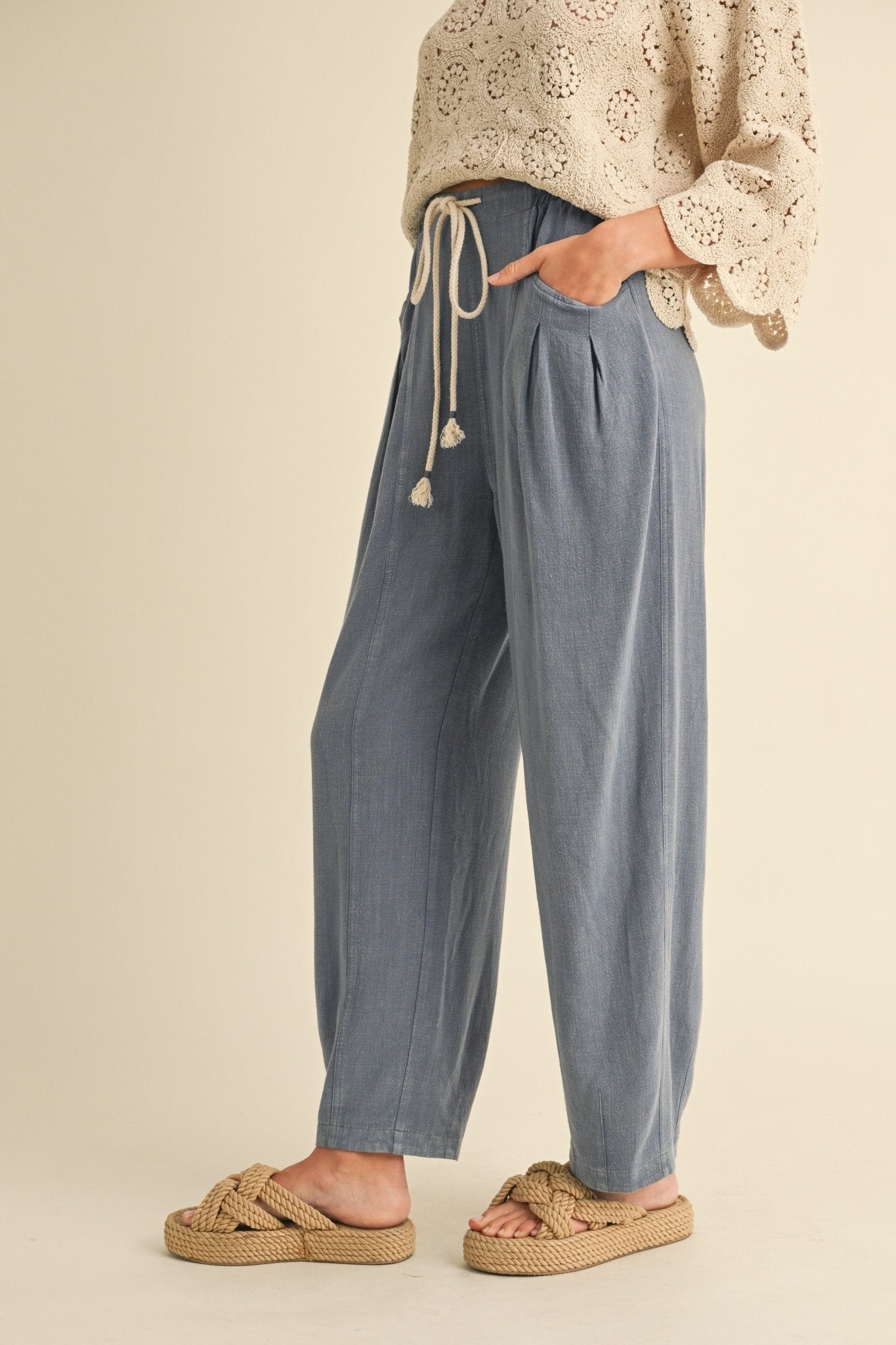 Linen Blend Barrel - leg Loose Pants With Drawstring - The Cozy Nest