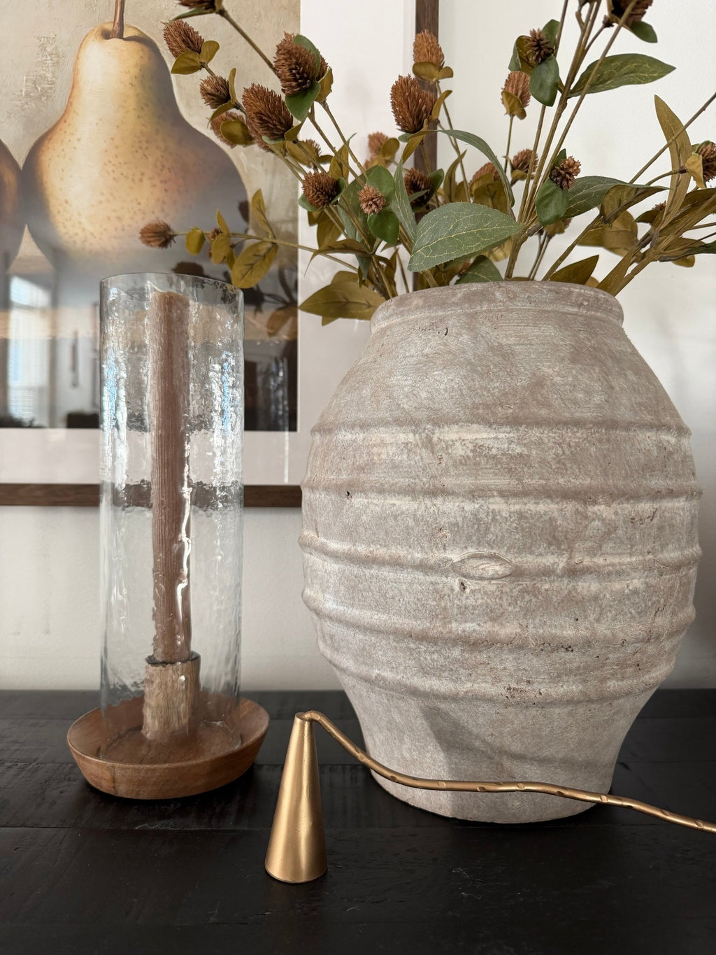 Mango Wood Taper Holder with Hammered Glass Hurricane - The Cozy Nest