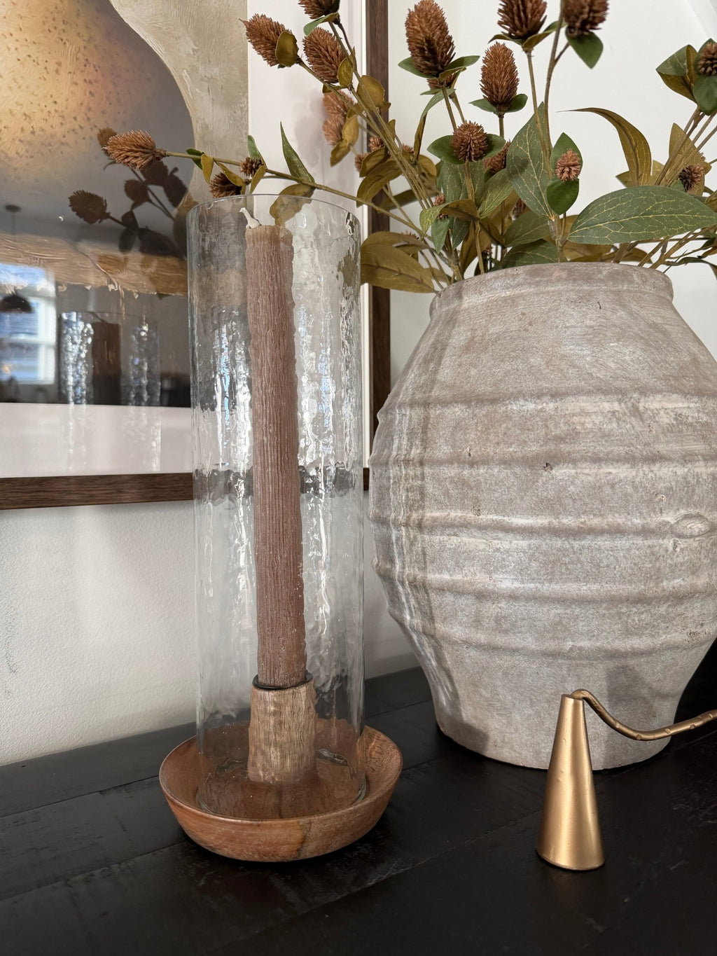 Mango Wood Taper Holder with Hammered Glass Hurricane - The Cozy Nest