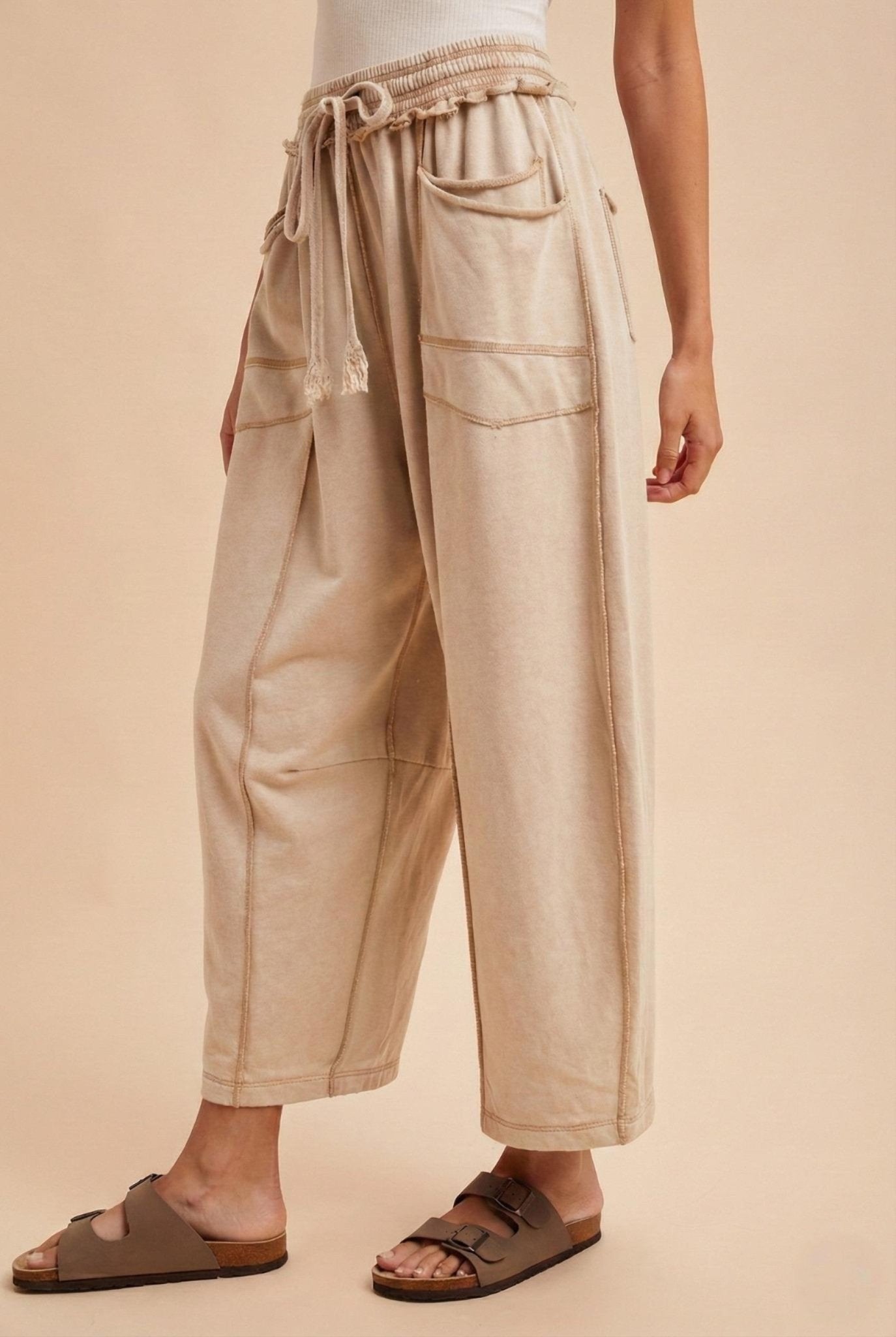 Mineral Wash Barrel Fit Utility Knit Pants - Oatmeal - The Cozy Nest