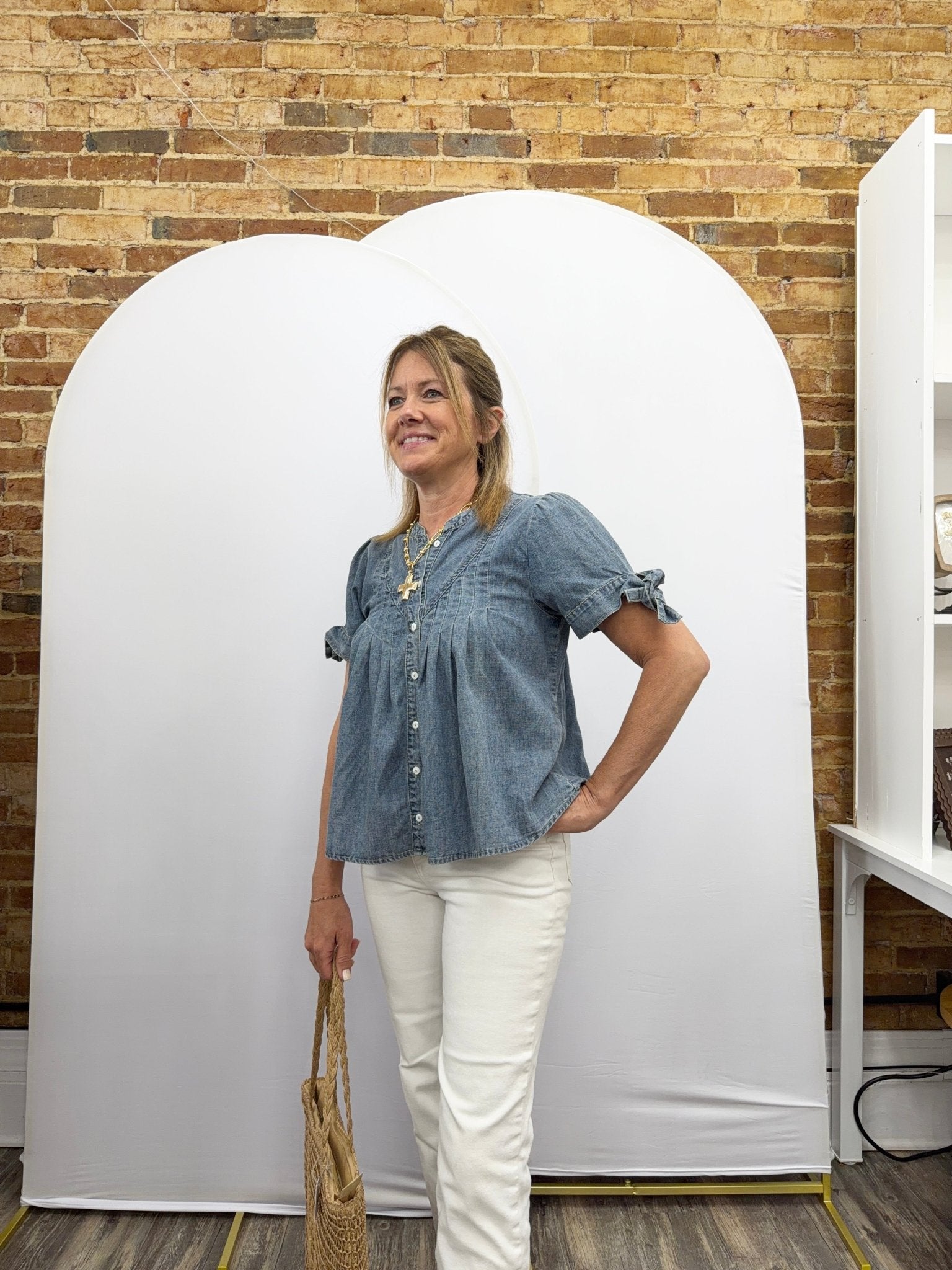 MINERAL-WASHED DENIM PINTUCK SHIRT WITH TIE SLVS - The Cozy Nest