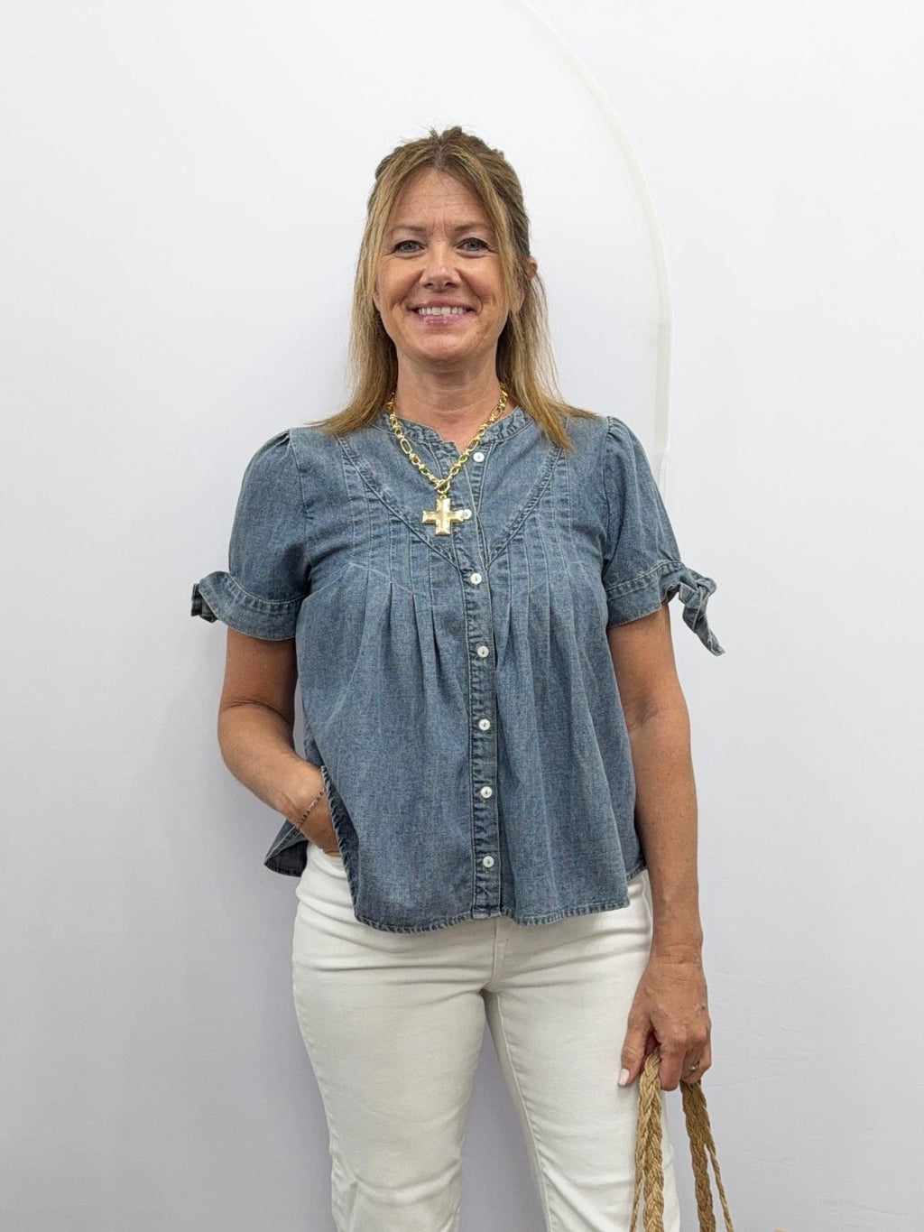 MINERAL-WASHED DENIM PINTUCK SHIRT WITH TIE SLVS - The Cozy Nest