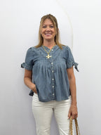 MINERAL-WASHED DENIM PINTUCK SHIRT WITH TIE SLVS - The Cozy Nest
