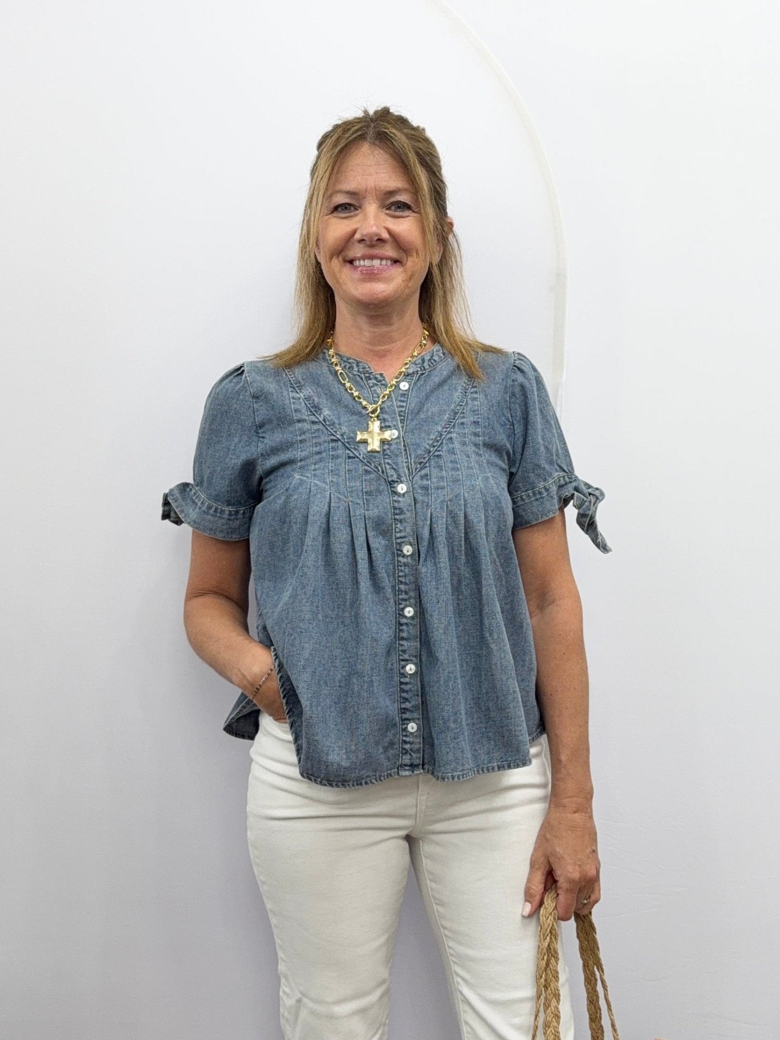 MINERAL-WASHED DENIM PINTUCK SHIRT WITH TIE SLVS - The Cozy Nest