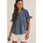 MINERAL - WASHED DENIM PINTUCK SHIRT WITH TIE SLVS - The Cozy Nest