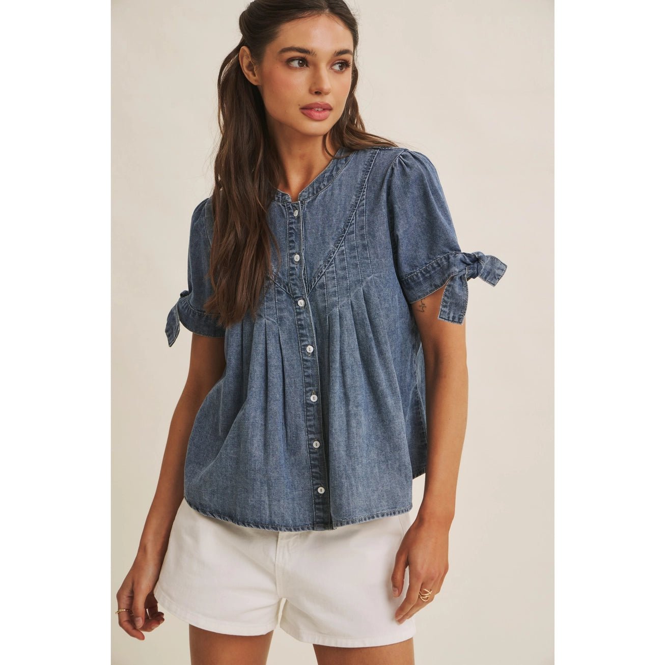 MINERAL - WASHED DENIM PINTUCK SHIRT WITH TIE SLVS - The Cozy Nest