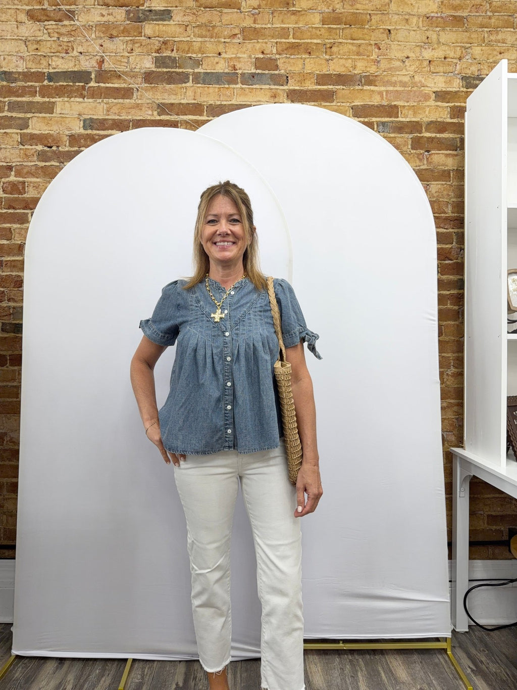 MINERAL-WASHED DENIM PINTUCK SHIRT WITH TIE SLVS - The Cozy Nest