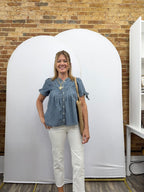 MINERAL-WASHED DENIM PINTUCK SHIRT WITH TIE SLVS - The Cozy Nest