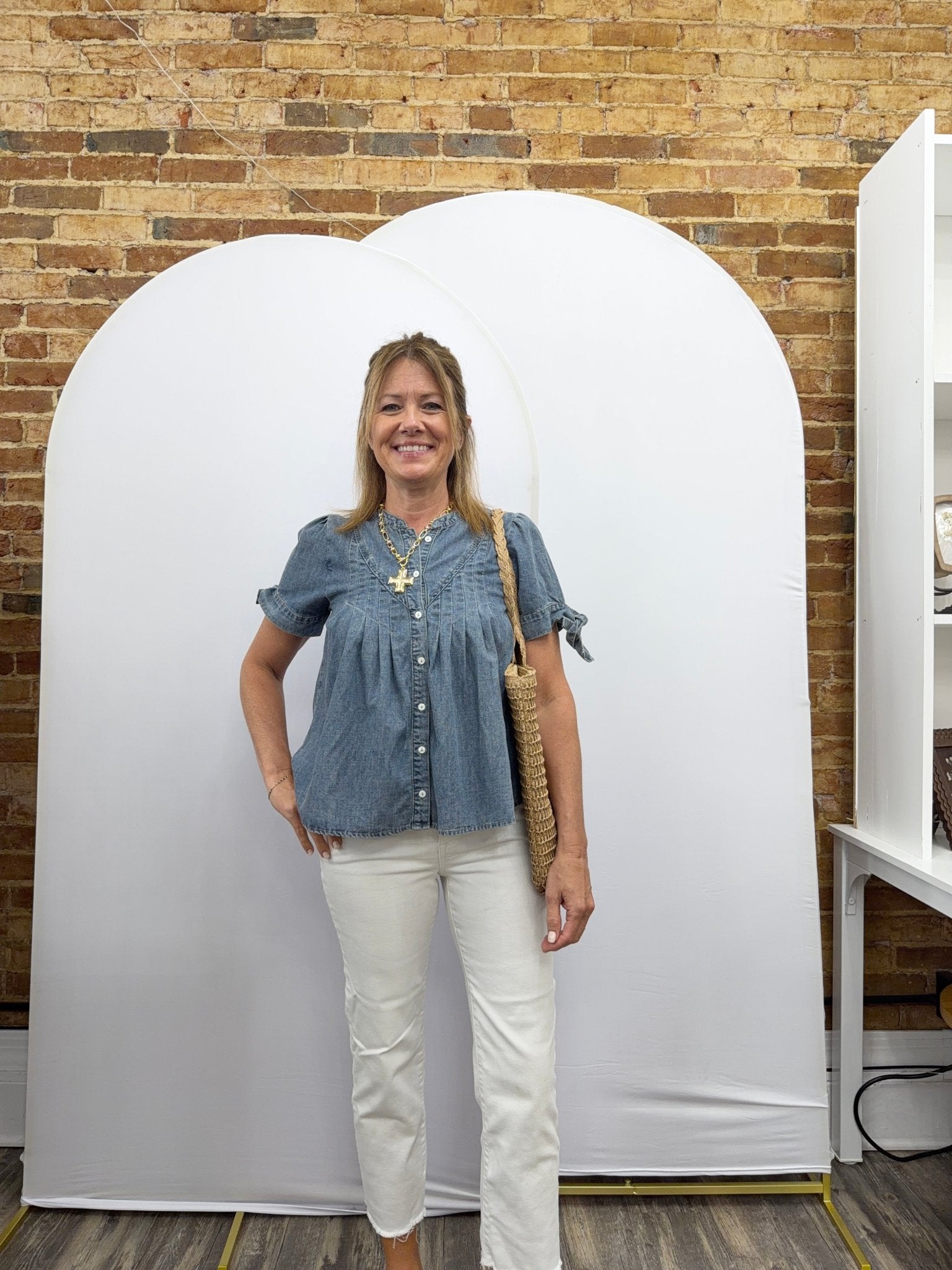 MINERAL-WASHED DENIM PINTUCK SHIRT WITH TIE SLVS - The Cozy Nest