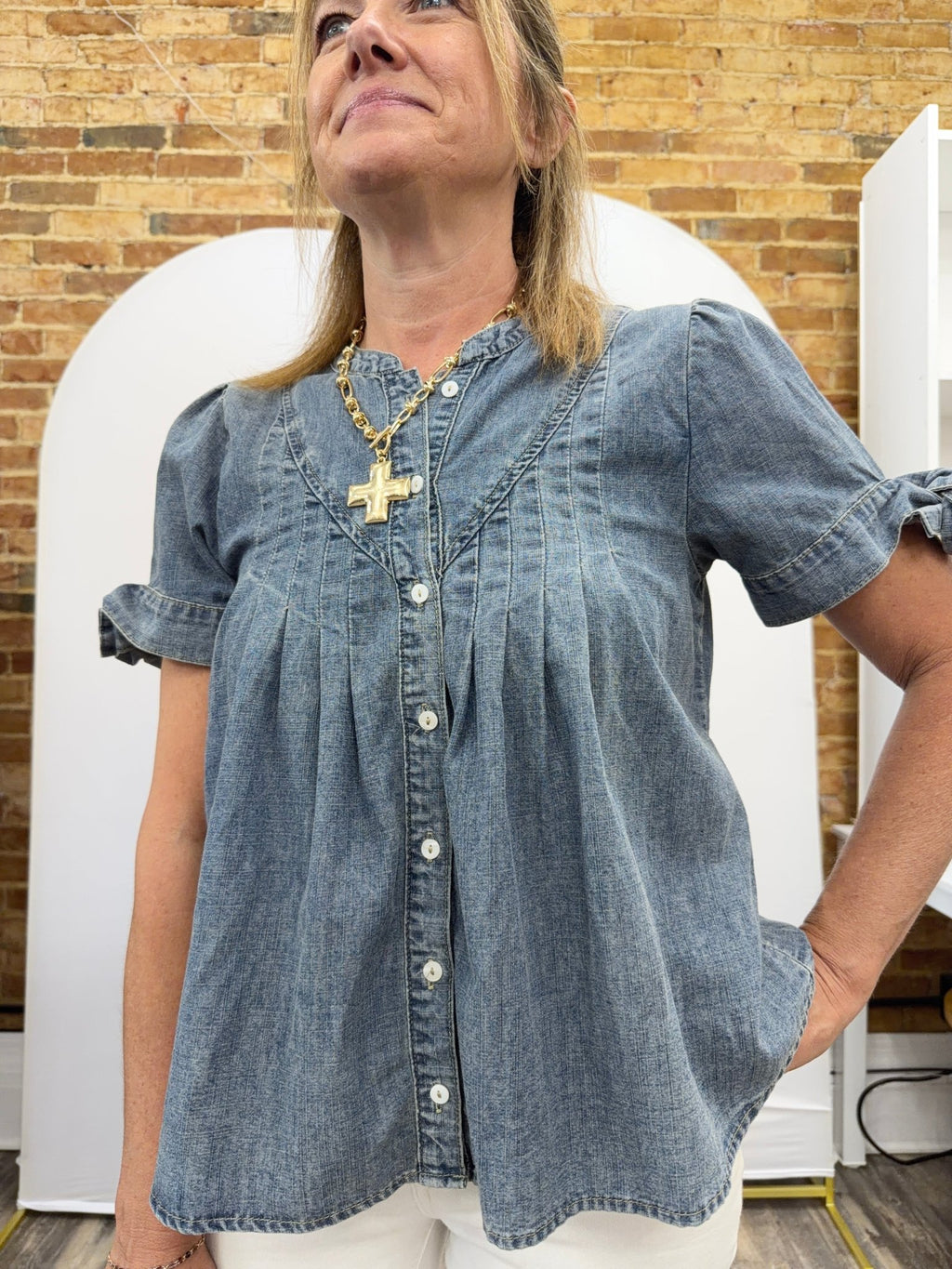 MINERAL-WASHED DENIM PINTUCK SHIRT WITH TIE SLVS - The Cozy Nest
