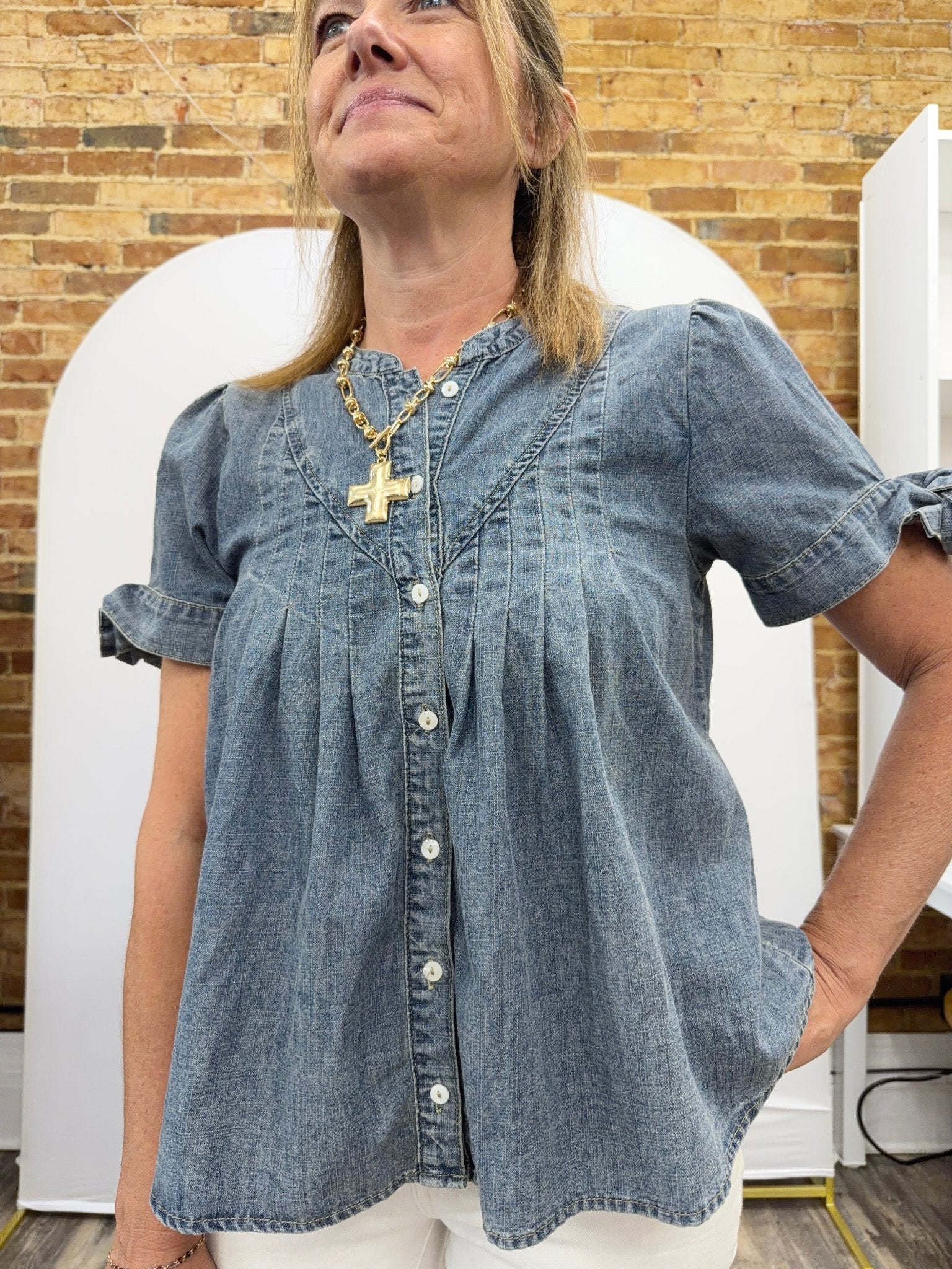 MINERAL-WASHED DENIM PINTUCK SHIRT WITH TIE SLVS - The Cozy Nest