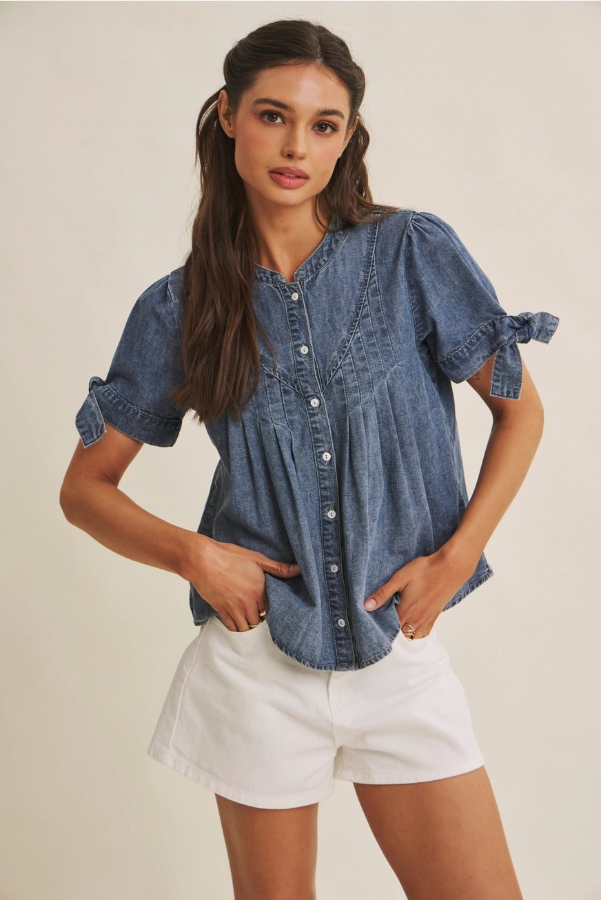 MINERAL - WASHED DENIM PINTUCK SHIRT WITH TIE SLVS - The Cozy Nest