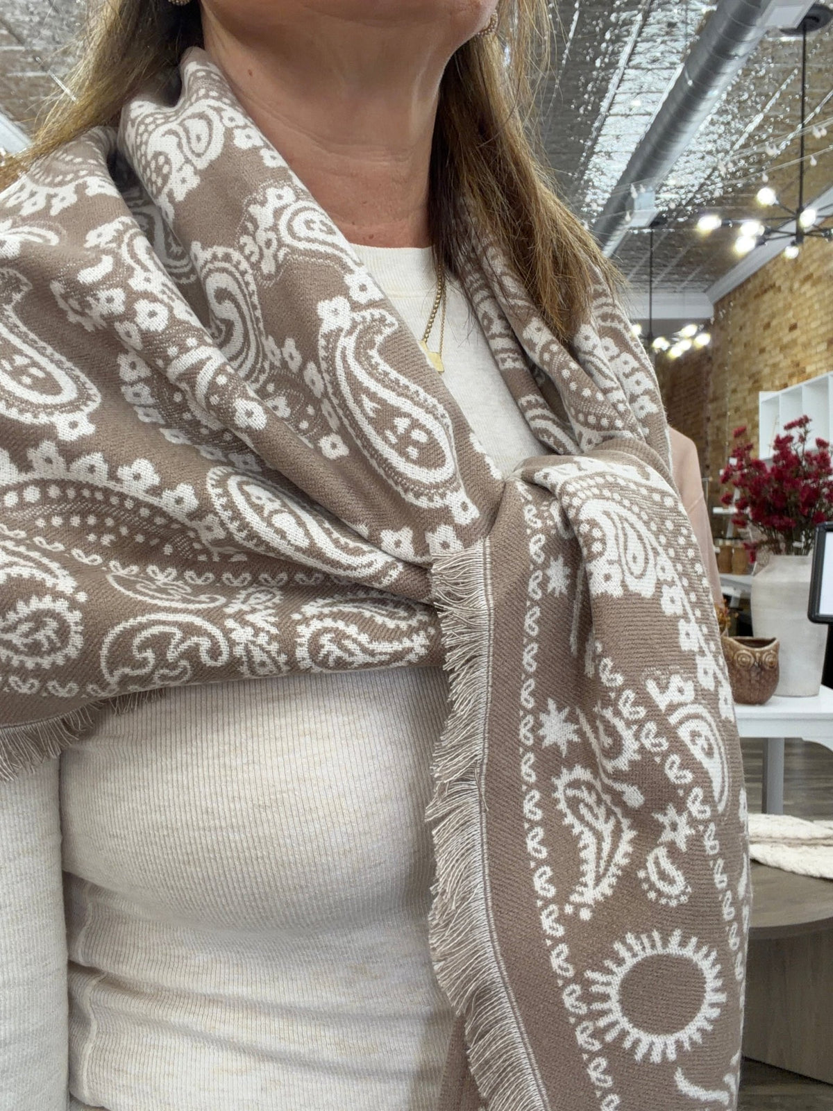 Ornate Paisley Triangular scarf-Beige - The Cozy Nest