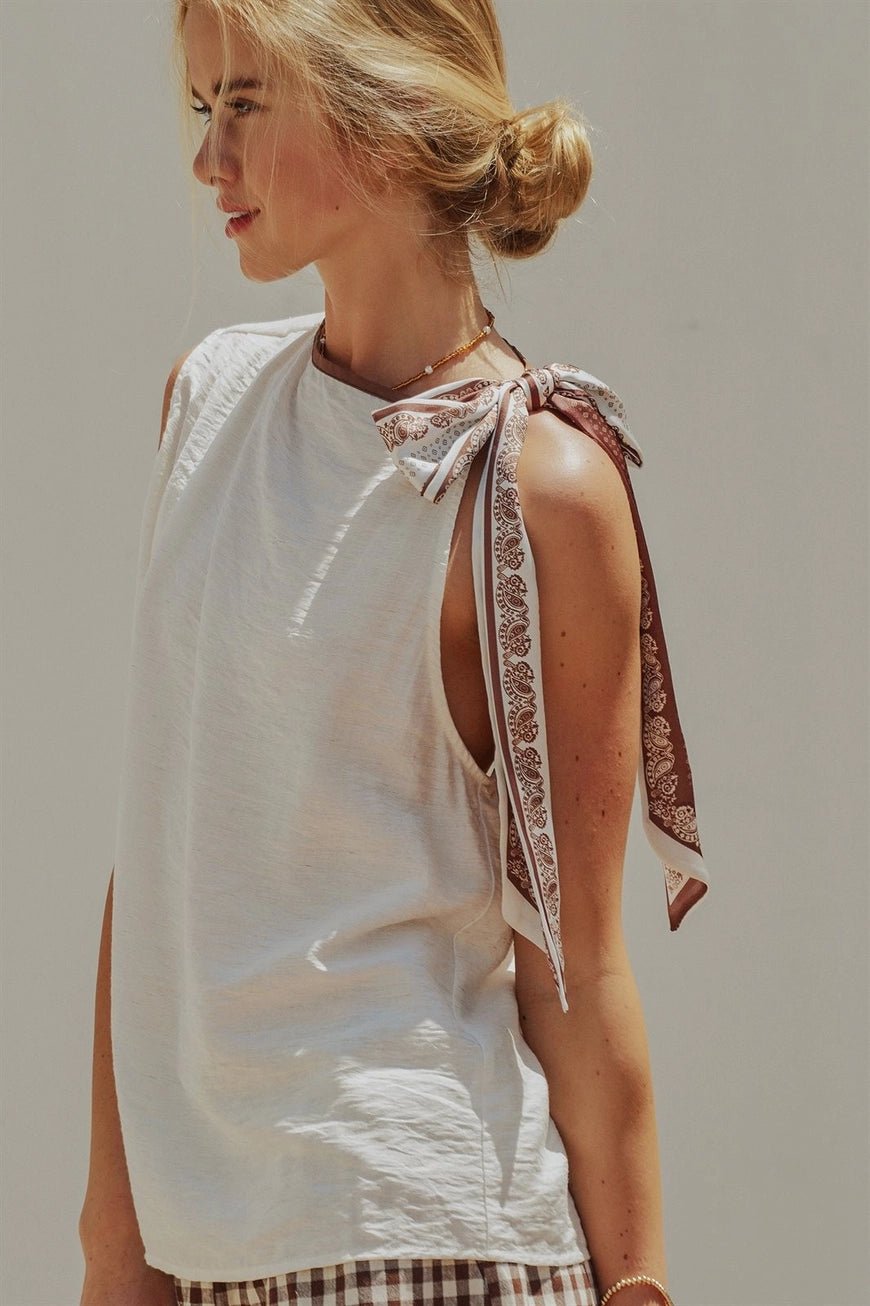 Paisley Scarf Tie Shoulder Linen Blend Top - The Cozy Nest