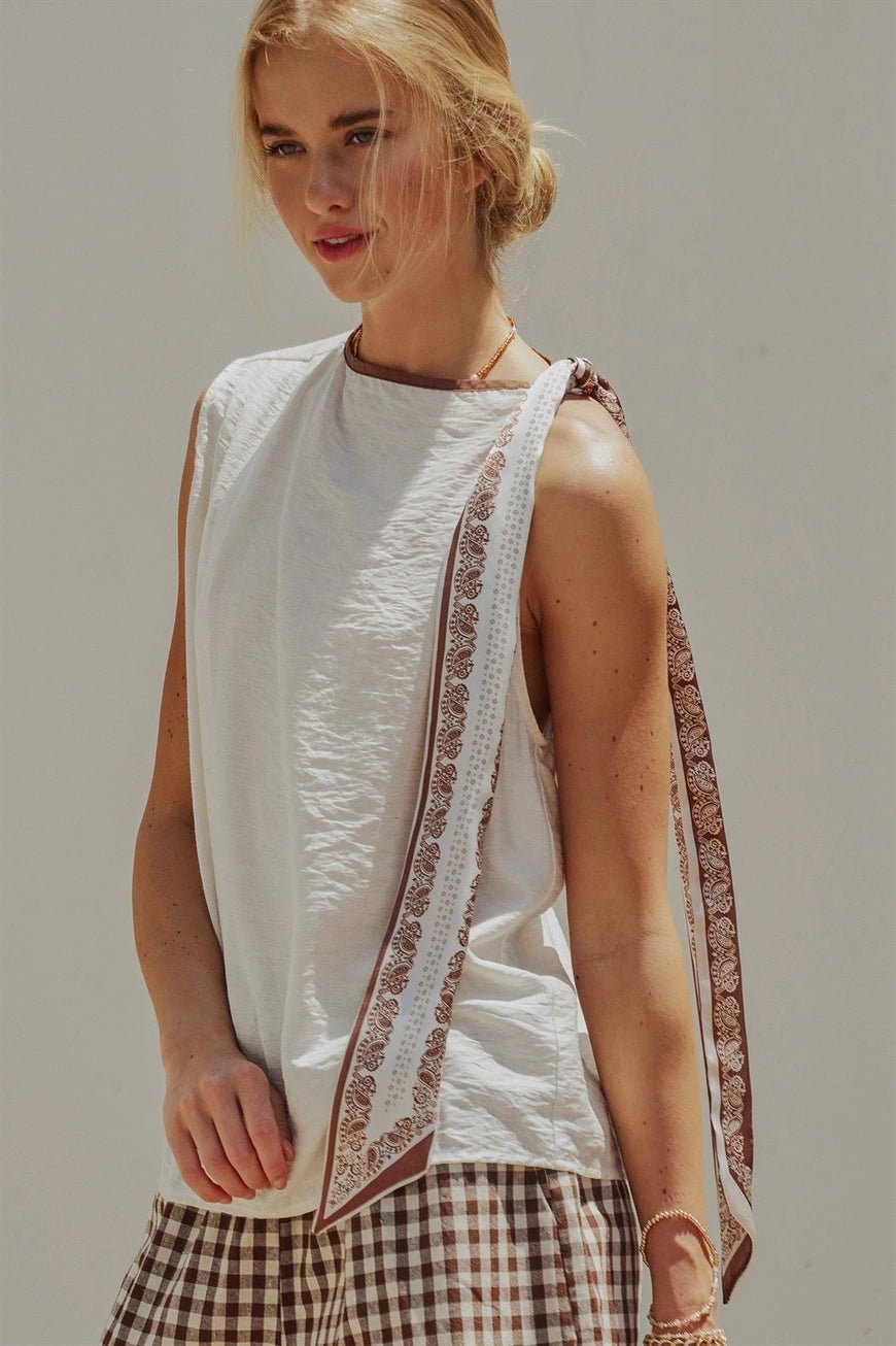 Paisley Scarf Tie Shoulder Linen Blend Top - The Cozy Nest