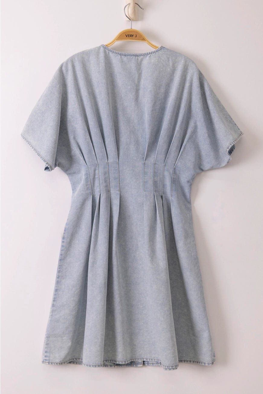 Pintuck Detail Mineral Washed Chambray Mini Dress - The Cozy Nest