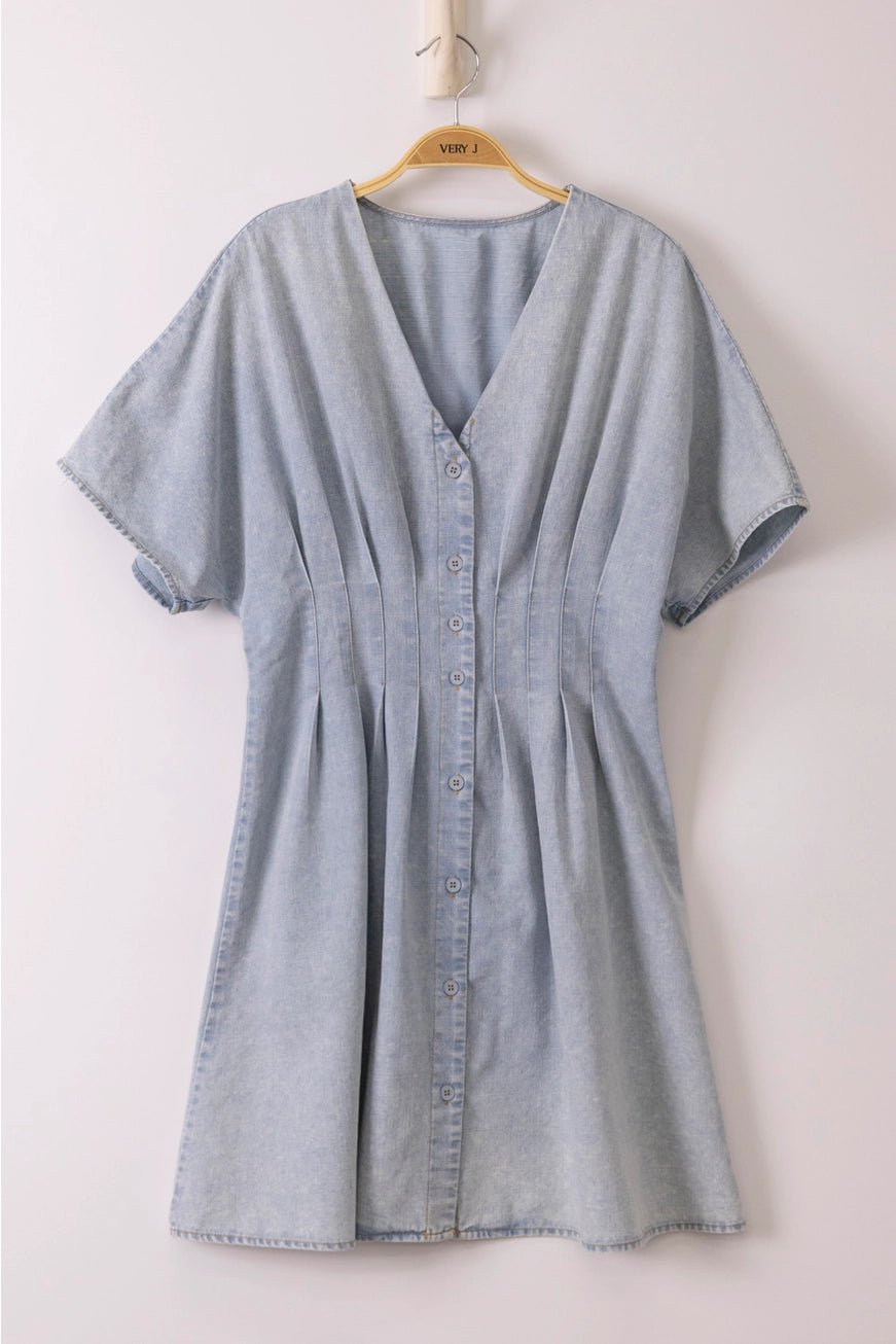 Pintuck Detail Mineral Washed Chambray Mini Dress - The Cozy Nest
