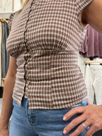 Plaid Button Down Puff Sleeve Contoured Waist Top - The Cozy Nest